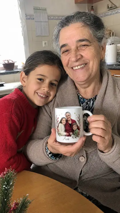 Uma avó com a neta e uma caneca personalizada