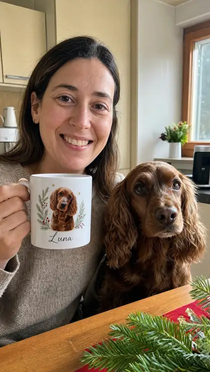 Uma mulher e o seu cão com uma caneca personalizada Luna