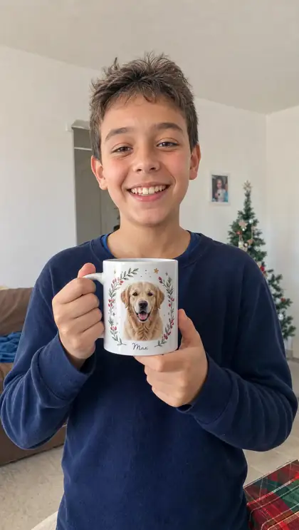 Um rapaz a segurar uma caneca com a fotografia de um cão