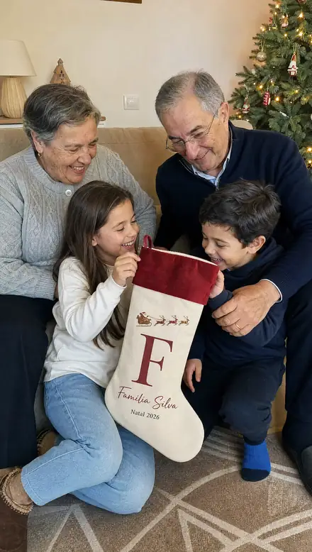 Avós e netos com uma meia de Natal personalizada