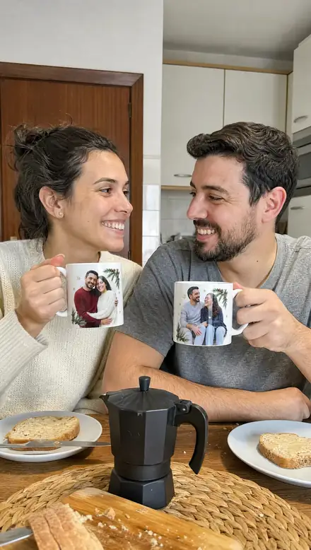 Um casal com canecas personalizadas com as suas fotografias