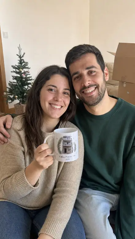 Um casal com uma caneca que celebra a sua primeira casa